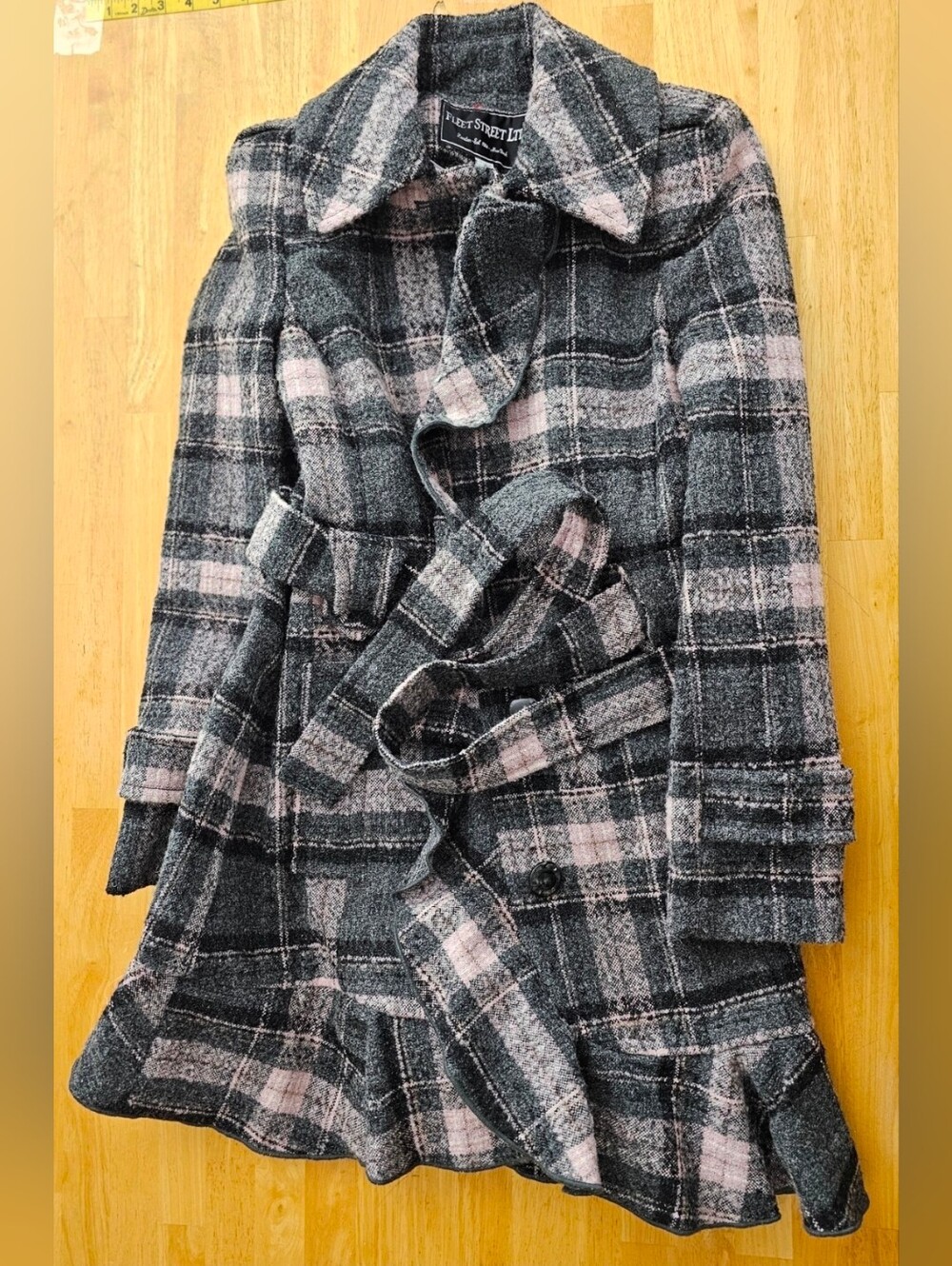 Wet Seal Pink and Gray Plaid Belted Trench Coat